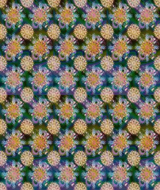 Çok mavi ve yeşil zarif küçük çiçekler ve mavi ve yeşil renkli komik böcekler, raster desen, illüstrasyon.