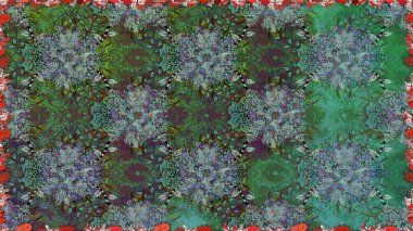 Çiçek. Kusursuz dekoratif arka plan, çiçek mandala. Yeşil ve gri renklerde. Raster illüstrasyonu.