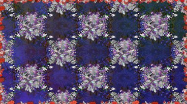 Raster Illustrasyon 'da moda olmayan çiçek deseni. Mor ve gri renkte çiçekler. Düz Çiçek Elementleri Tasarımı. Renkli Yaz Temalı Kusursuz Arkaplan.