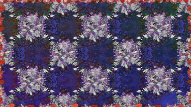 Yumuşak, bahar çiçekleri mor ve gri renklerde. Raster illüstrasyonu. Çiçek ve yapraklı karalama şeklinde Raster çiçek deseni.