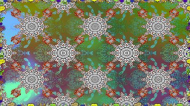 Raster Floral Illustration, Asyalı tekstil. Yeşil ve gri renkte etnik çiçeklerle kusursuz bir desen..