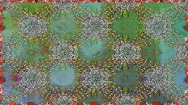 Çok yeşil ve kahverengi zarif küçük çiçekler ve yeşil ve kahverengi renkli komik böcekler, raster desen, illüstrasyon.