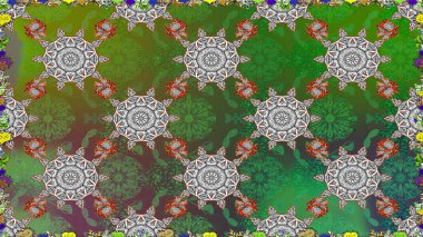 Raster illüstrasyonu. Yeşil ve gri renklere karalamalar çizen kusursuz çiçek deseni.