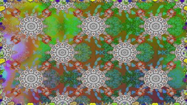 Raster illüstrasyonu. Yeşil ve gri renkli çiçekler. Küçük çiçekte sevimli çiçek deseni var..