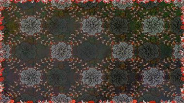 Süslü kumaş deseni. Renkli Bahar Temalı Kusursuz Arkaplan. Düz Çiçek Elementleri Tasarımı. Raster illüstrasyonunda kusursuz çiçek deseni.