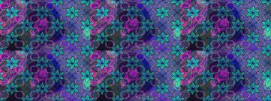 Çiçekli karalama şeklinde Raster çiçek deseni. Mavi ve mor renkli çiçekler. Nazik, narin çiçek arkaplanı.