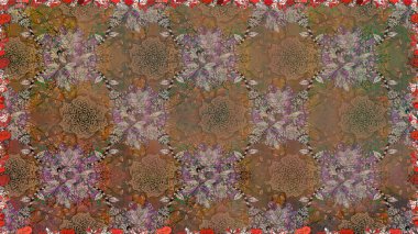 Retro tekstil tasarım koleksiyonu. Çiçekli ipek eşarp. Kahverengi ve bej üzerine kahverengi ve bej. 1950-1960 motifleri. El çizimi çiçek elementleriyle soyut, dikişsiz raster deseni..