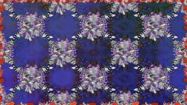Asya tekstil tarzında. Mor ve gri renkte çiçekler. Raster illüstrasyonu. Raster illüstrasyonu. Kusursuz çiçek deseni.