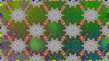 Kusursuz bir arka plan modeli. Yeşil ve gri renkli yapraklı yabani çiçekler. Raster illüstrasyonu. Suluboya, elle çizilmiş.