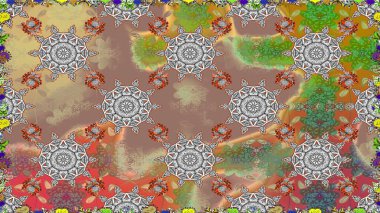 Çiçekli ipek eşarp. Bej ve gri üzerine bej ve gri. El çizimi çiçek unsurları olan soyut, dikişsiz raster deseni. Retro tekstil tasarım koleksiyonu. 1950 'ler-1960' lar motifleri.