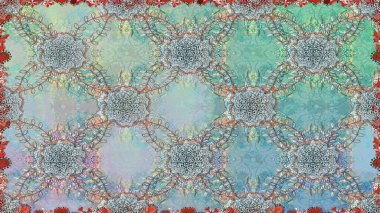 Çiçeksiz desenli, suluboya elle çizilmiş elementler. Parlak renkli fantezi çiçekleri, yapraklar, tarafsız ve mavi renklerde tomurcuklar.