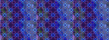 Yumuşak, bahar çiçekleri mavi ve mor renklerde. Raster illüstrasyonu. Yaprak ve çiçeklerin suluboya resmi, mavi ve menekşe renkleri üzerinde kusursuz desen.