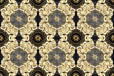 Kına dövmeli süs çiçekleri, altın çıkartmalar, mehndi ve yoga tasarımı, kartlar ve parmak izleri. Raster Golden Mehndi kusursuz desen. Bej, gri ve kahverengi renkte desen.