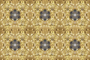 Bej, sarı ve nötr renklerde altın rengi ve altın elementler. Bej, sarı ve altın elementli nötr renklerde kusursuz klasik desen. Noel, kar tanesi, yeni yıl.