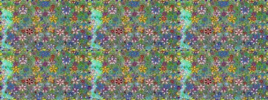 Çiçekli kusursuz retro desen. Düz Çiçek Elementleri Tasarımı. Yeşil renkli çiçekler. Renkli Yaz Temalı Kusursuz Arkaplan.