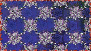 Raster illüstrasyonu. Kusursuz çiçek deseni duvar kâğıdı olarak kullanılabilir. Mor ve mavi renkte çiçekler.