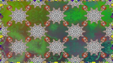 İşlemeli çiçekli, dikişsiz desen. Renkli grunge, koyu yeşil ve gri çiçeklerle soyut bir arka plan oluşturur. İzler, kumaş, duvar kağıtları, tekstil için raster dokusu.