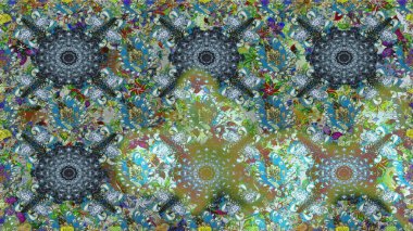 Renkli Bahar Temalı Kusursuz Arkaplan. Mavi ve nötr renklerde çiçekler. Kusursuz çiçek deseni. Raster illüstrasyonu. Asya tekstil tarzında. Düz Çiçek Elementleri Tasarımı.