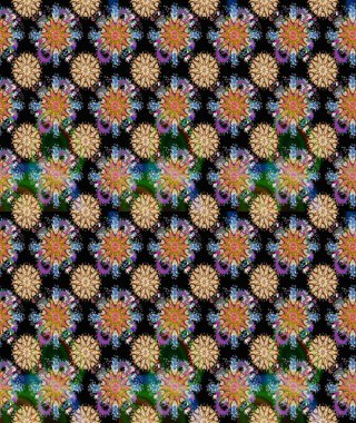 Yumuşak, bahar çiçekleri siyah ve bej renklerde. Patlayan çiçekler soyut olarak yerleştirilmiş. Raster illüstrasyonu. Raster deseni.