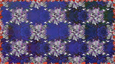Çiçekler. Vadinin çiçekleri mor ve gri renklerde. Soyut etnik raster pürüzsüz desen.