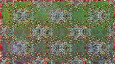 Asya tekstil tarzında. Kusursuz çiçek deseni. Raster illüstrasyonu. Raster illüstrasyonu. Yeşil ve kahverengi renkte çiçekler.