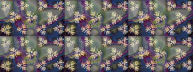 Eskiz arkaplan modeli. Yapraklı çiçekler ve kır ve mor renkli papatya çiçekleri. Raster - stok.