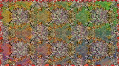 Raster illüstrasyonu. Kahverengi ve yeşil kıvırcık çiçekler kahverengi ve yeşil renklerde şekillenir. Klasik çiçek tasarım elementleri.