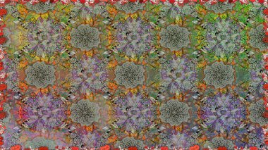 Gri ve kahverengi renkli Asya tekstili. Çiçeklerle suluboya desenli çiçek deseni. Raster illüstrasyonu.