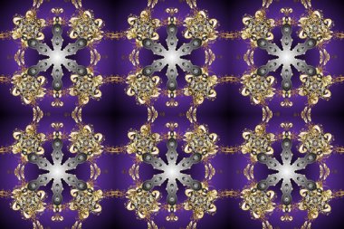 Kusursuz altın desenli bukleler. Hassas altın deseni açın. Raster. Parlak dantel, stilize çiçekler, şal desenli. Mor ve gri renklerde altın elementlerle kusursuz desen. Doğulu arabeskler