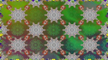 Renkli Bahar Temalı Kusursuz Arkaplan. Düz Çiçek Elementleri Tasarımı. Güzel çiçek deseni. Yeşil ve gri renkte çiçekler.