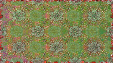 Yeşil ve nötr renklerde etnik çiçeklerle kusursuz bir desen. Asya Tekstil 'inde Raster Çiçek İllüstrasyonu.