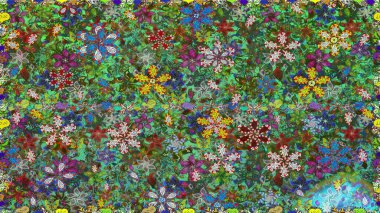 Küçük çiçekteki sevimli çiçek deseni. Yeşil ve kahverengi renklerde. Raster illüstrasyonu. Raster deseni. Soyut çiçek pürüzsüz desen arkaplanı.