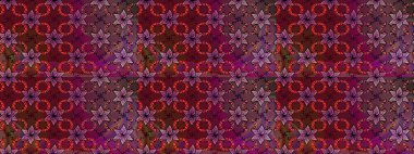 Çiçekli, pürüzsüz bir desen. Yumuşak, bahar çiçekleri mor ve kırmızı renklerde. Raster illüstrasyonu. Raster çiçekleri klasik tarzda resmedilir..