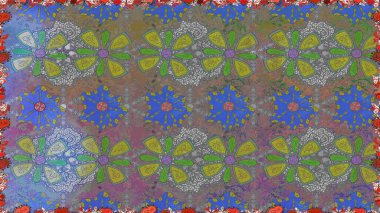 Çiçek ve yapraklı karalama şeklinde Raster çiçek deseni. Raster illüstrasyonu. Gri ve mavi renkte bahar çiçekleri.