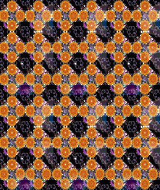 Raster illüstrasyonu. Turuncu ve siyah renkli çiçekler. Tropik, dikişsiz çiçek deseni..