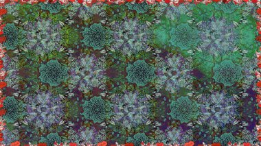 Yeşil ve mavi renkte çiçekler. Renkli Bahar Temalı Kusursuz Arkaplan. Çiçekli, suluboya desenli kusursuz çiçek deseni. Raster illüstrasyonu. Düz Çiçek Elementleri Tasarımı.