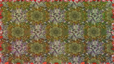 Küçük kahverengi ve yeşil renkte güzel bir besin torbası deseni, çiçekler. Tekstil, kumaş, kapaklar, duvar kağıtları, baskı, naylon, yapıştırma, örgü, dekupaj için çiçeksiz arkaplan. Millefleurlar