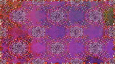 Renkli Bahar Temalı Kusursuz Arkaplan. Düz Çiçek Elementleri Tasarımı. Asya tekstil tarzında. Kusursuz çiçek deseni. Raster illüstrasyonu. Mor ve mor renkte çiçekler.