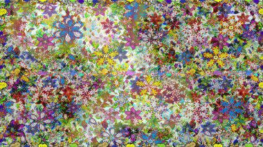 Patlayan çiçekler soyut olarak yerleştirilmiş. Raster deseni. Raster illüstrasyonu. Tarafsız ve gri renklerde bahar çiçekleri.