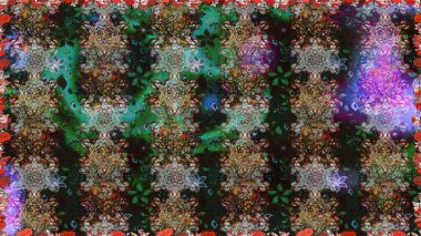 Çok renkli ve kahverengi zarif küçük çiçekler ve gri ve kahverengi renkli komik böcekler, raster deseni, illüstrasyon.