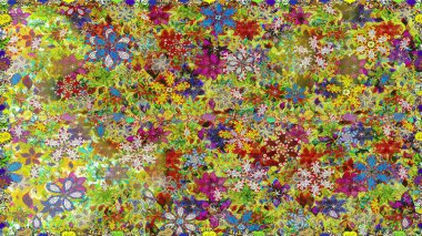 Çiçekli ipek eşarp. Retro tekstil tasarım koleksiyonu. El çizimi çiçek unsurları olan soyut, dikişsiz raster deseni. 1950-1960 motifleri. Yeşil ve sarı yeşil ve sarı.