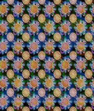 Renkli Bahar Temalı Kusursuz Arkaplan. Düz Çiçek Elementleri Tasarımı. Mavi ve nötr renklerde şirin çiçek desenleri. Raster Modaya uygun kumaş deseni.