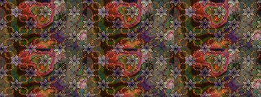 Soyut etnik raster çizim kalıbı. Vadinin çiçekleri kahverengi ve yeşil renklerde. Çiçekler..