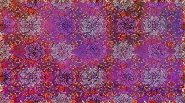 Çiçeksiz desenli, suluboya elle çizilmiş elementler. Parlak renkli fantezi çiçekleri, yapraklar, mor ve nötr renklerde tomurcuklar mor ve nötr.