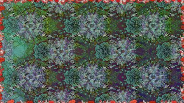 Çiçek yeşili ve gri, pürüzsüz desen. Klasik taslak çizimi. Raster Yumuşak kumaş deseni. Raster çiçek izi..