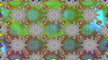 Düz Çiçek Elementleri Tasarımı. Renkli Yaz Temalı Kusursuz Arkaplan. Yeşil ve gri renkli çiçekler. Sevimli çiçek raster deseni.