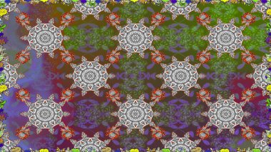 Raster illüstrasyonu. Renkli Bahar Temalı Kusursuz Arkaplan. Kusursuz desenli, modaya uygun kumaş deseni. Şirin çiçek elementleri. Düz Çiçek Elementleri Tasarımı.