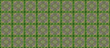 Çizgi sanatı tasarım şablonu için kusursuz sınır. Tarafsız, gri ve yeşil renklerde altın element. Doğu tarzı element. Davetiyeler, kartlar, web sayfası için Raster illüstrasyon. Altın çizgili çiçek dekoru