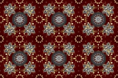 Kusursuz desenli oryantal süs. İslam tasarımı. Çiçek kiremitleri. Raster altın tekstil baskısı. Altın desenli gri, kahverengi ve kırmızı altın elementlerle.