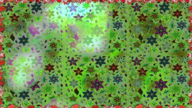 Yeşil ve nötr renklerde etnik çiçeklerle kusursuz bir desen. Asya Tekstil 'inde Raster Çiçek İllüstrasyonu.